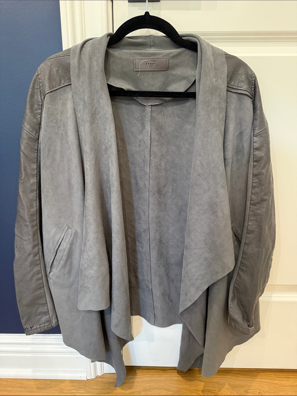 Blank NYC Gray Draped Open-Front Faux Leather Jacket